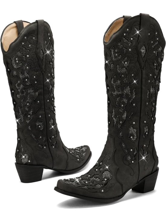 Shoes - Women's Black Mid Calf Cowgirl Boot Rhinestone Comfortable Chunky Heel Western